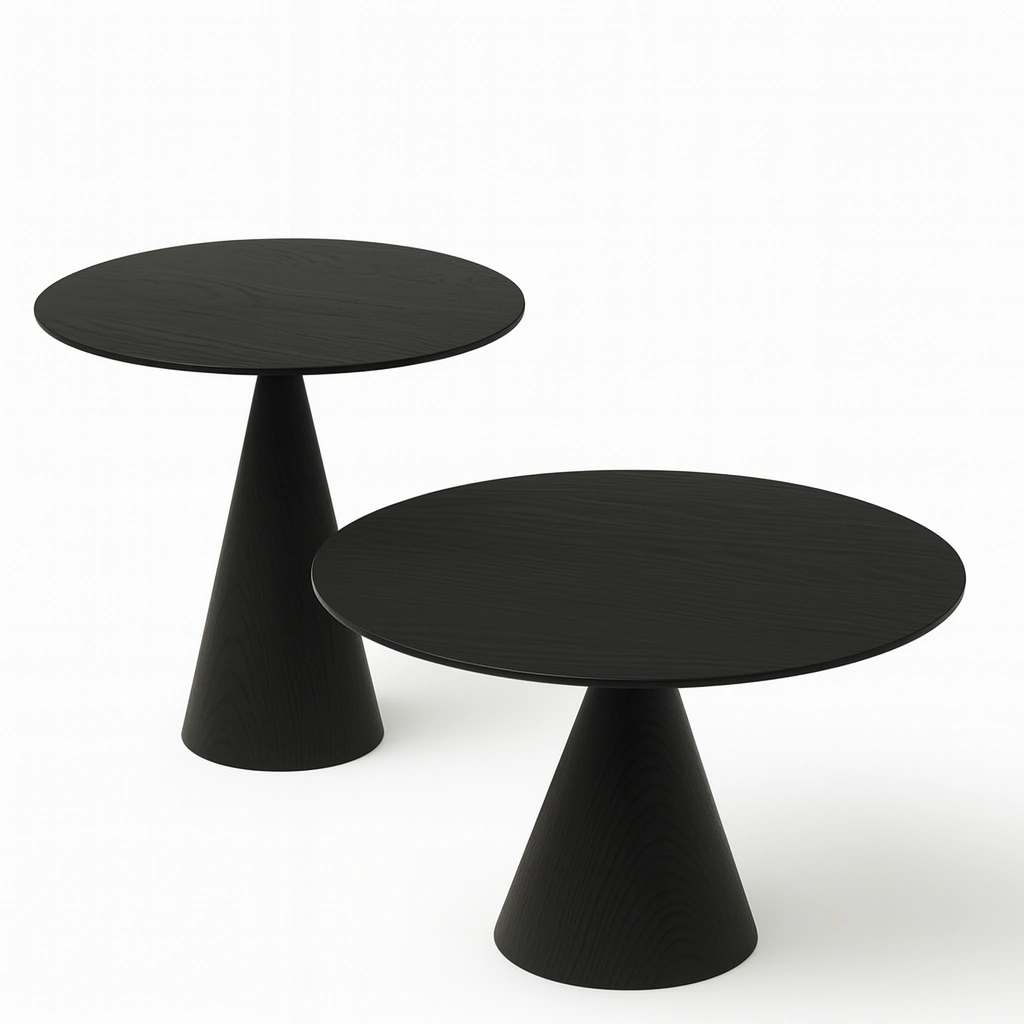 Set di due tavolini rotondi in rovere con finitura a venatura del legno, colore nero-woodhomecraft